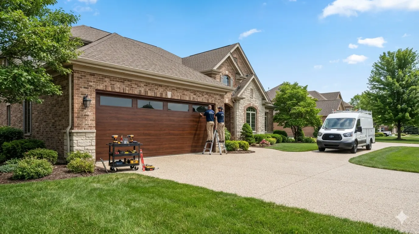 Stunning brand new modern insulated carriage-style garage doors installed on a beautiful brick home in Johnson City, TN