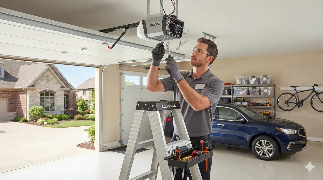 Garage door opener motor unit being serviced by a technician adjusting travel limit switches in Johnson City, TN